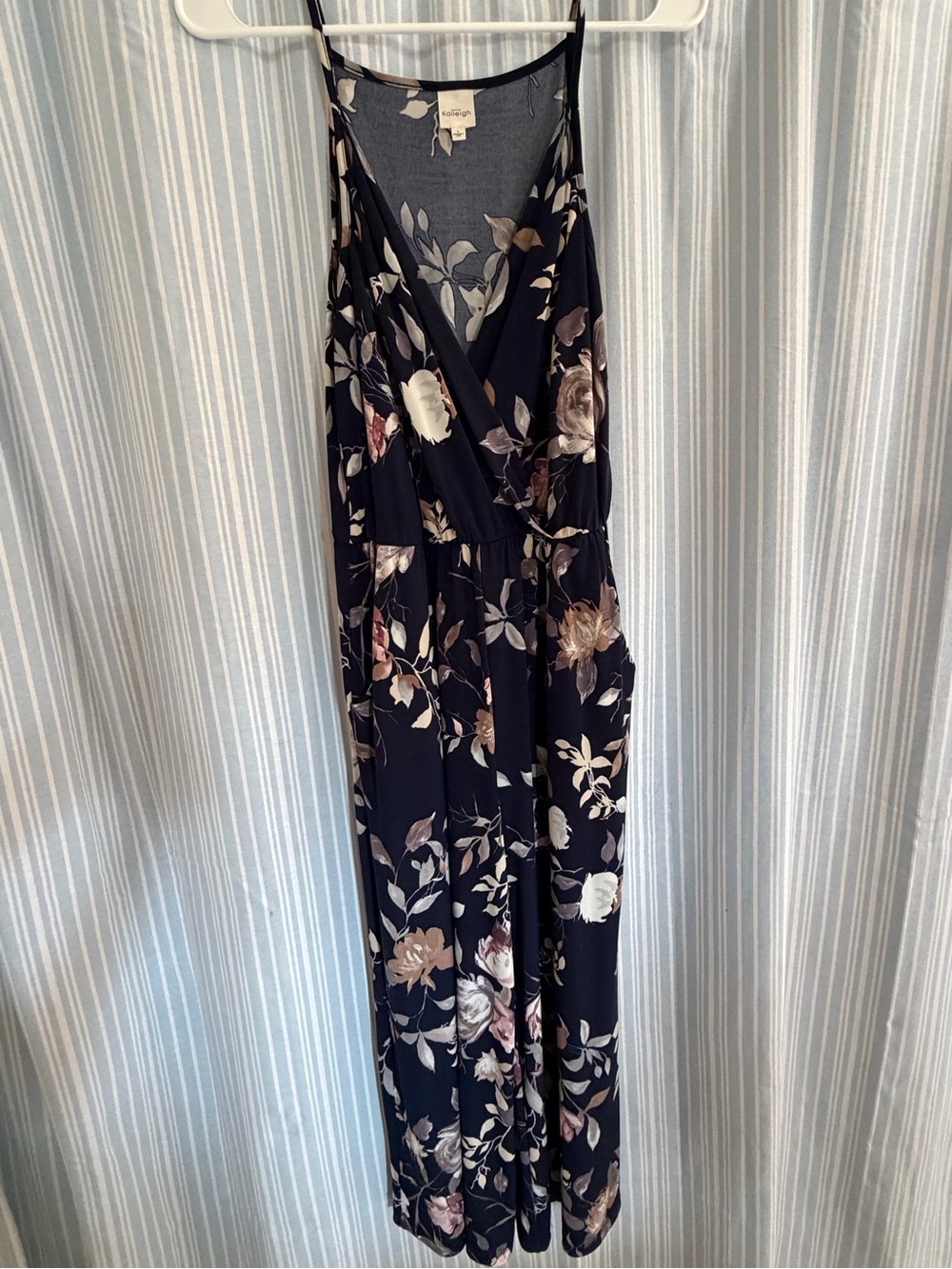 Kaileigh Navy Floral Wrap-Front Spaghetti-Strap Jumpsuit